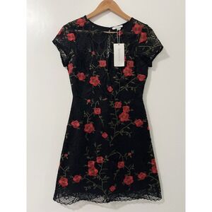 Lucy Paris Black Lace Embroidered Floral Cap Sleeve Dress Size Small